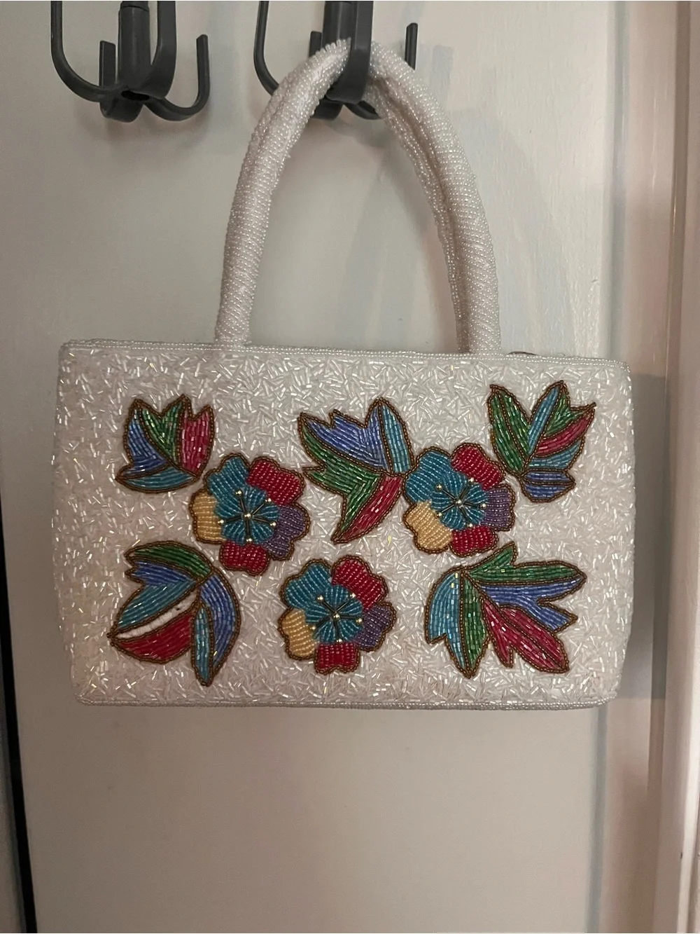 Beaded White Floral Tote Bag with Multicolor Accents